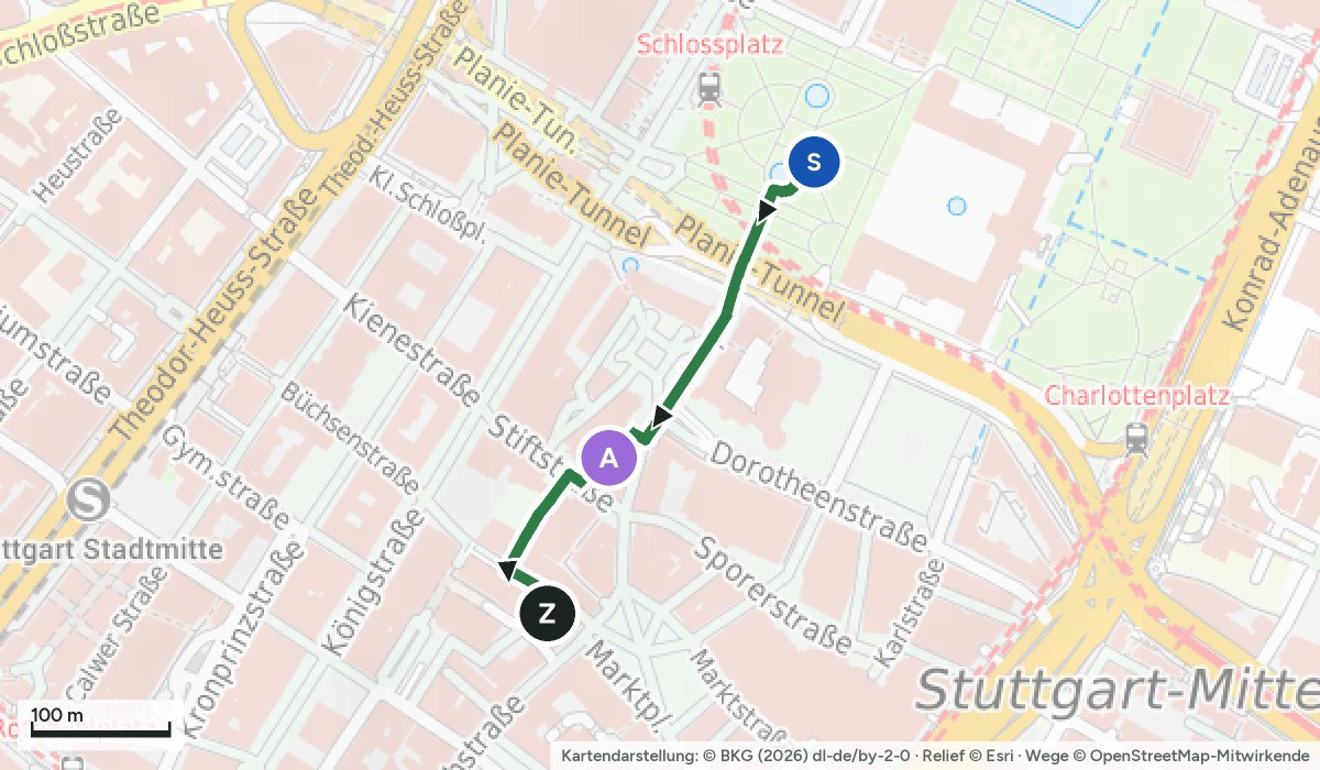 Karte der Weihnachtsmarkt-Runde Stuttgart mit Stuttgarter Weihnachtsmarkt am Schlossplatz, Weihnachtsmarkt am Schillerplatz, Weihnachtsmarkt am Marktplatz