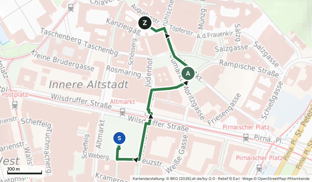 Karte der Weihnachtsmarkt-Runde Dresden mit Dresdner Striezelmarkt, Romantischer Weihnachtsmarkt an der Frauenkirche, Mittelalter-Weihnacht im Stallhof