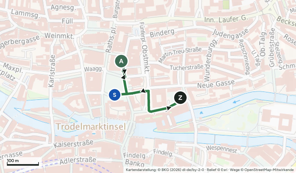 Karte der Weihnachtsmarkt-Runde Nürnberg mit Christkindlesmarkt auf dem Hauptmarkt, Markt der Partnerstädte, Kinderweihnacht