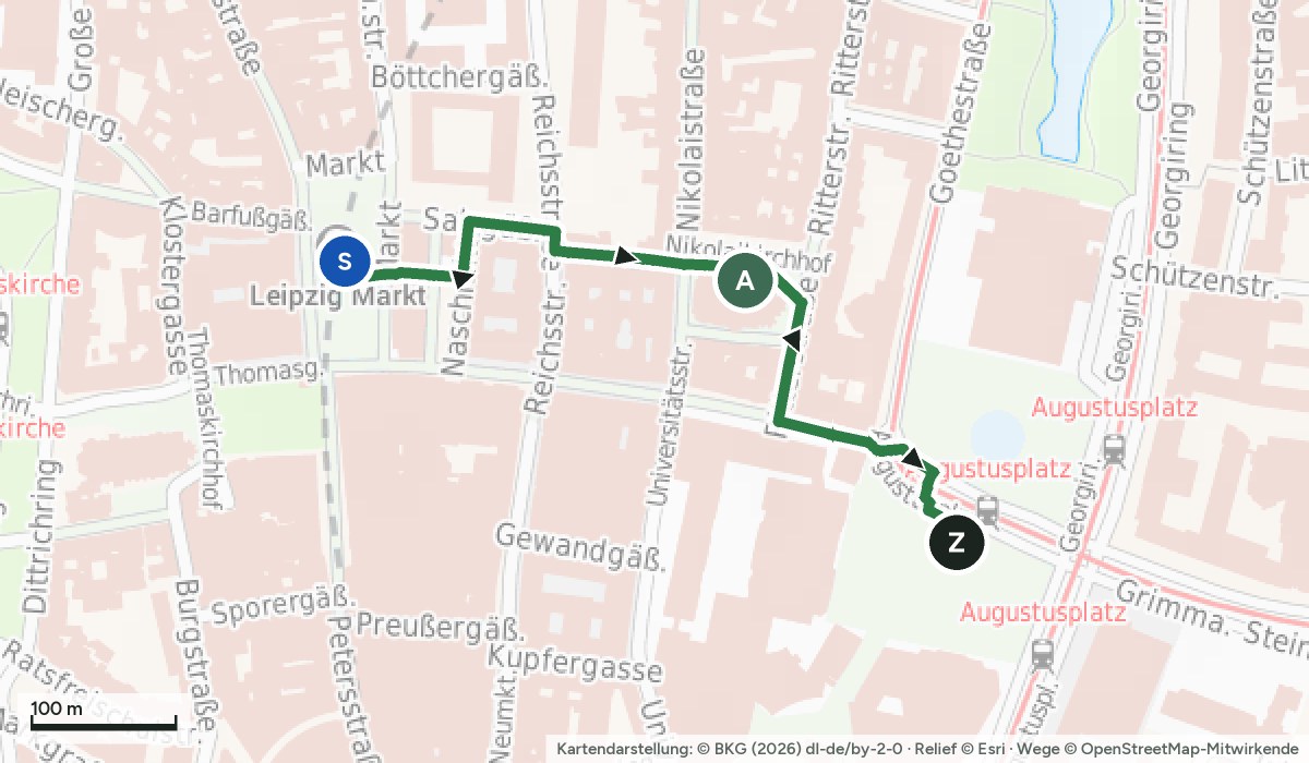 Karte der Weihnachtsmarkt-Runde Leipzig mit Leipziger Weihnachtsmarkt am Markt, Weihnachtsmarkt am Nikolaikirchhof, Märchenwald am Augustusplatz