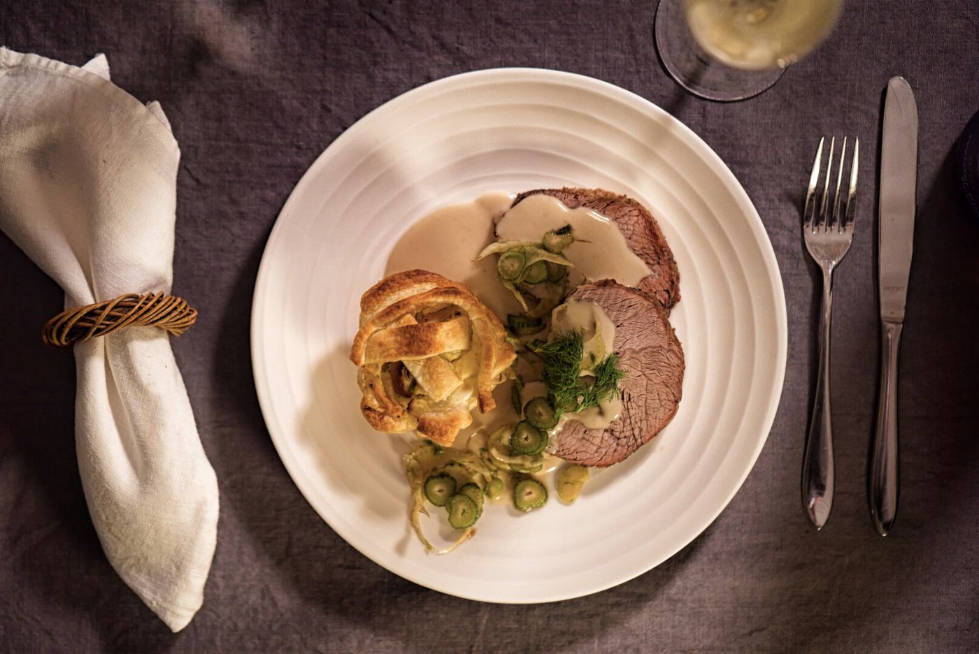 Porcini Tartelettes with a rolled calf roast and Fennel