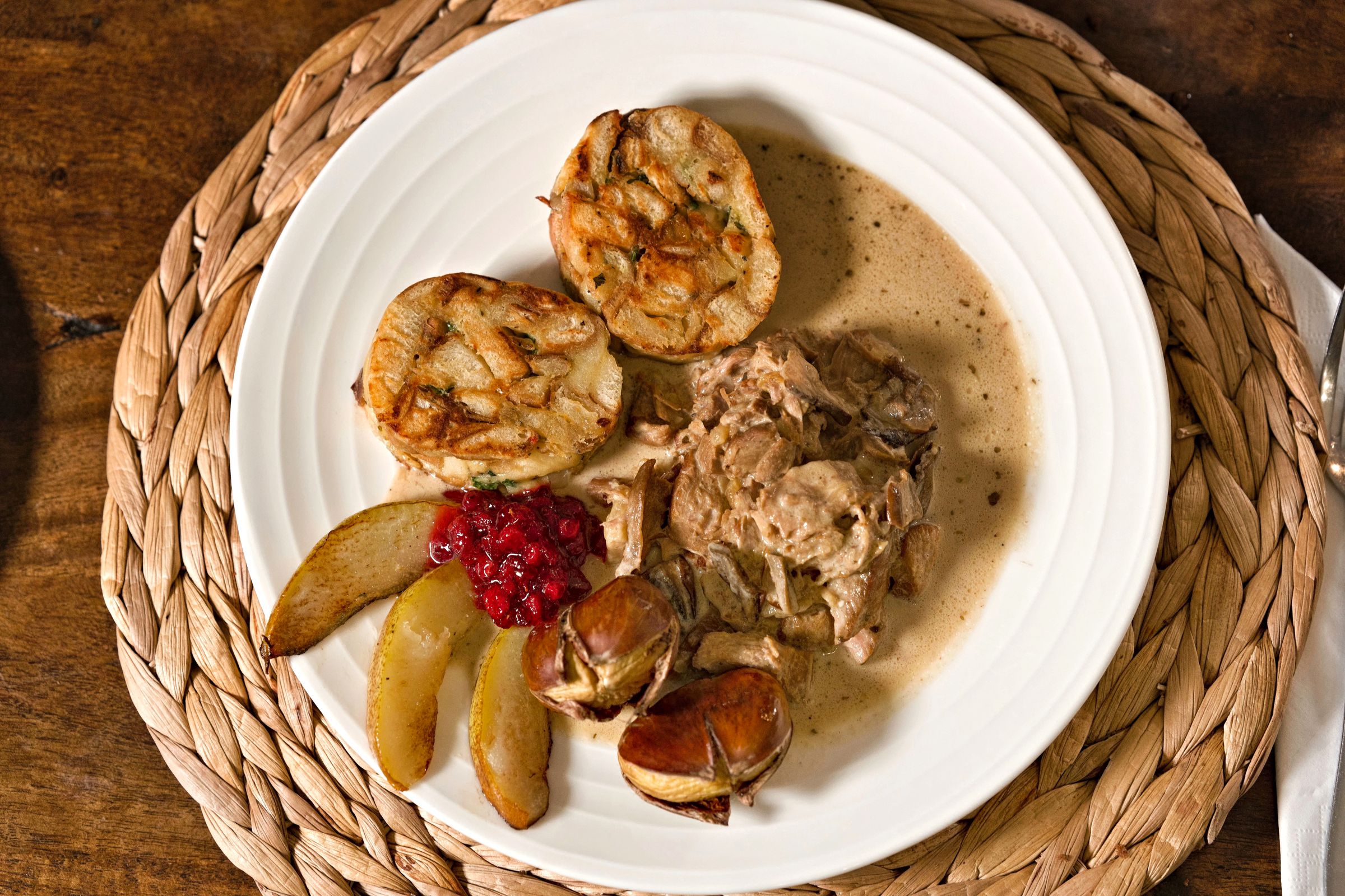 Duroc Pork Ragout with Porcini Mushrooms and Pretzel Dumplings