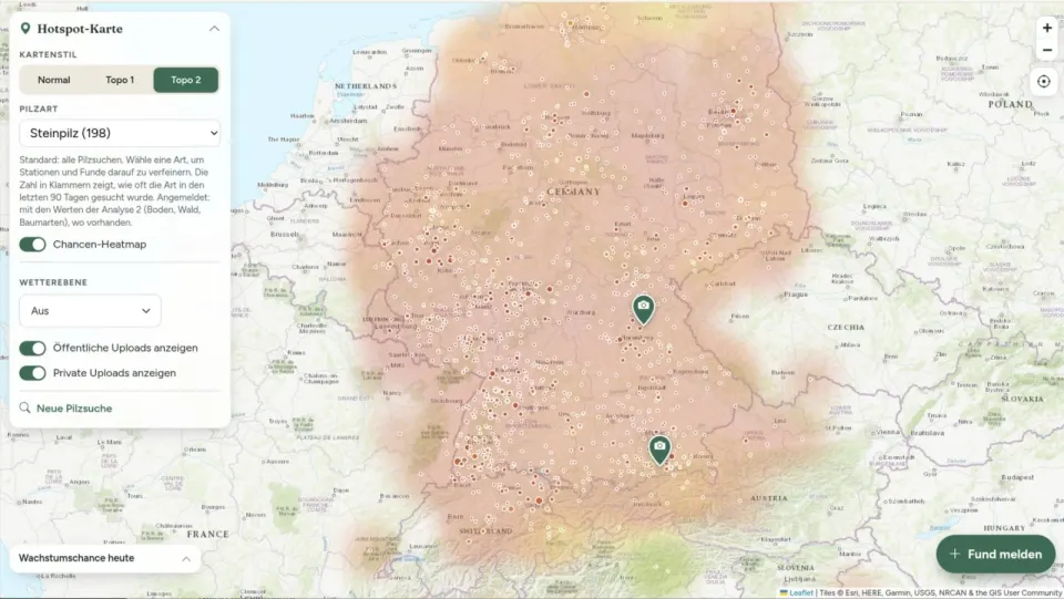 Neu: Regenradar, Hitze- und Trockenkarten, ein besseres Modell – und neue Pilzplätze mit der Artenkarte